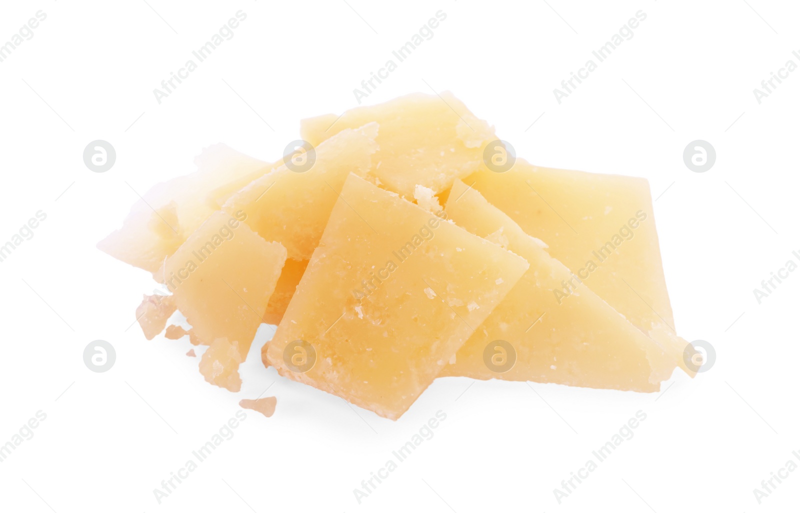 Photo of Pile of parmesan cheese pieces on white background