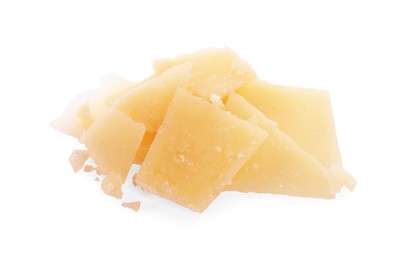 Photo of Pile of parmesan cheese pieces on white background