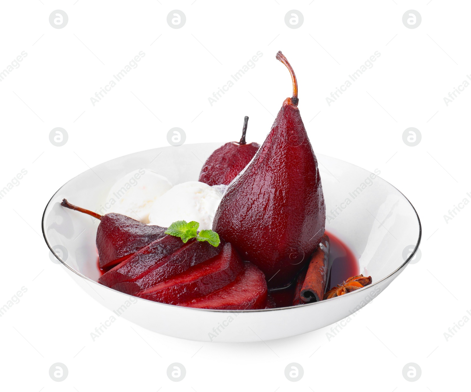 Photo of Tasty red wine poached pears and ice cream in bowl isolated on white