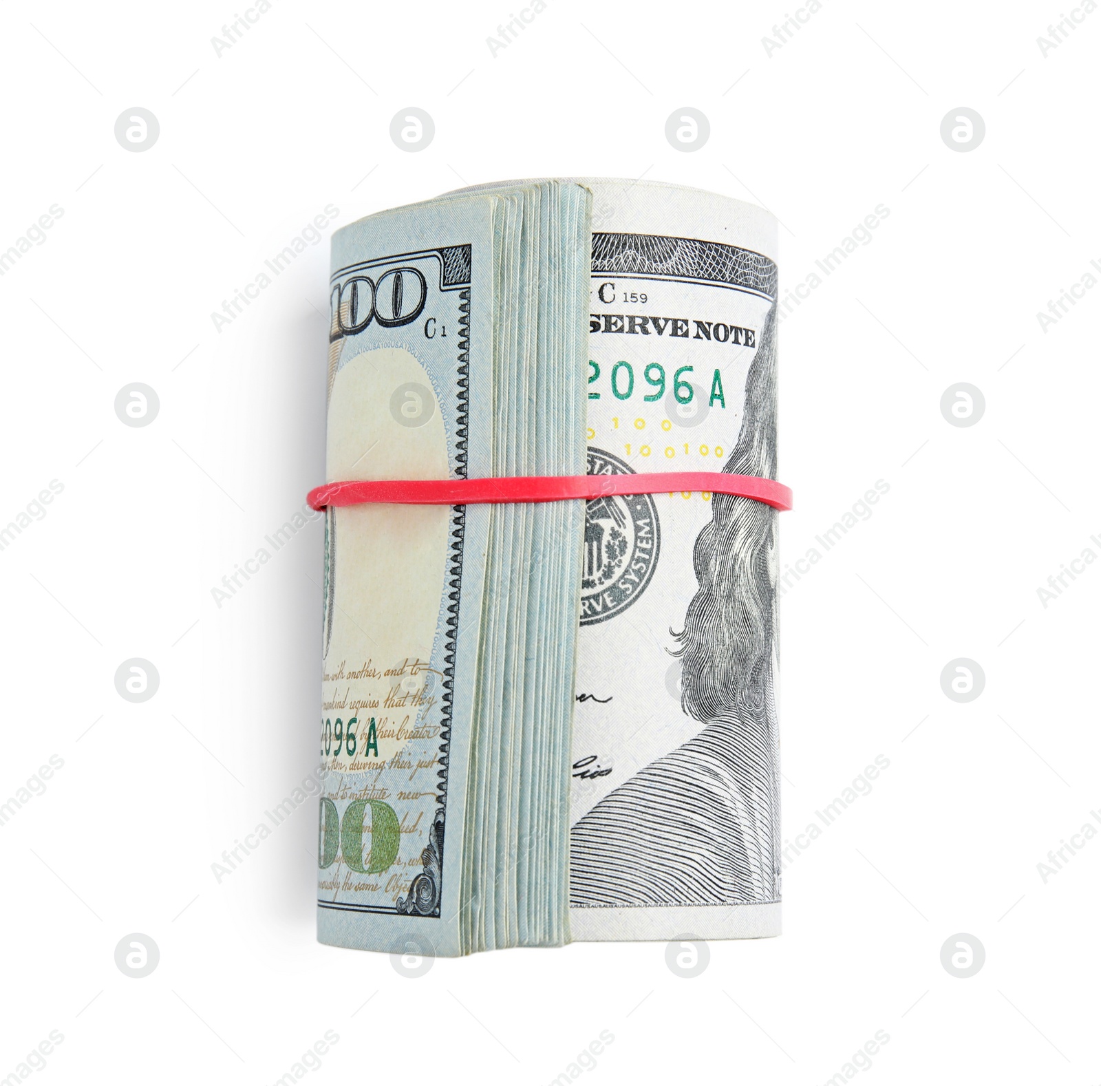 Photo of Roll of dollar bills with rubber band on white background, top view