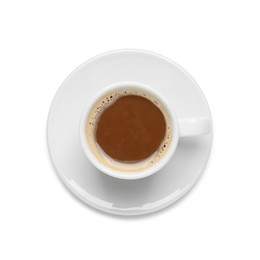 Photo of Cup of aromatic hot coffee on white background, top view