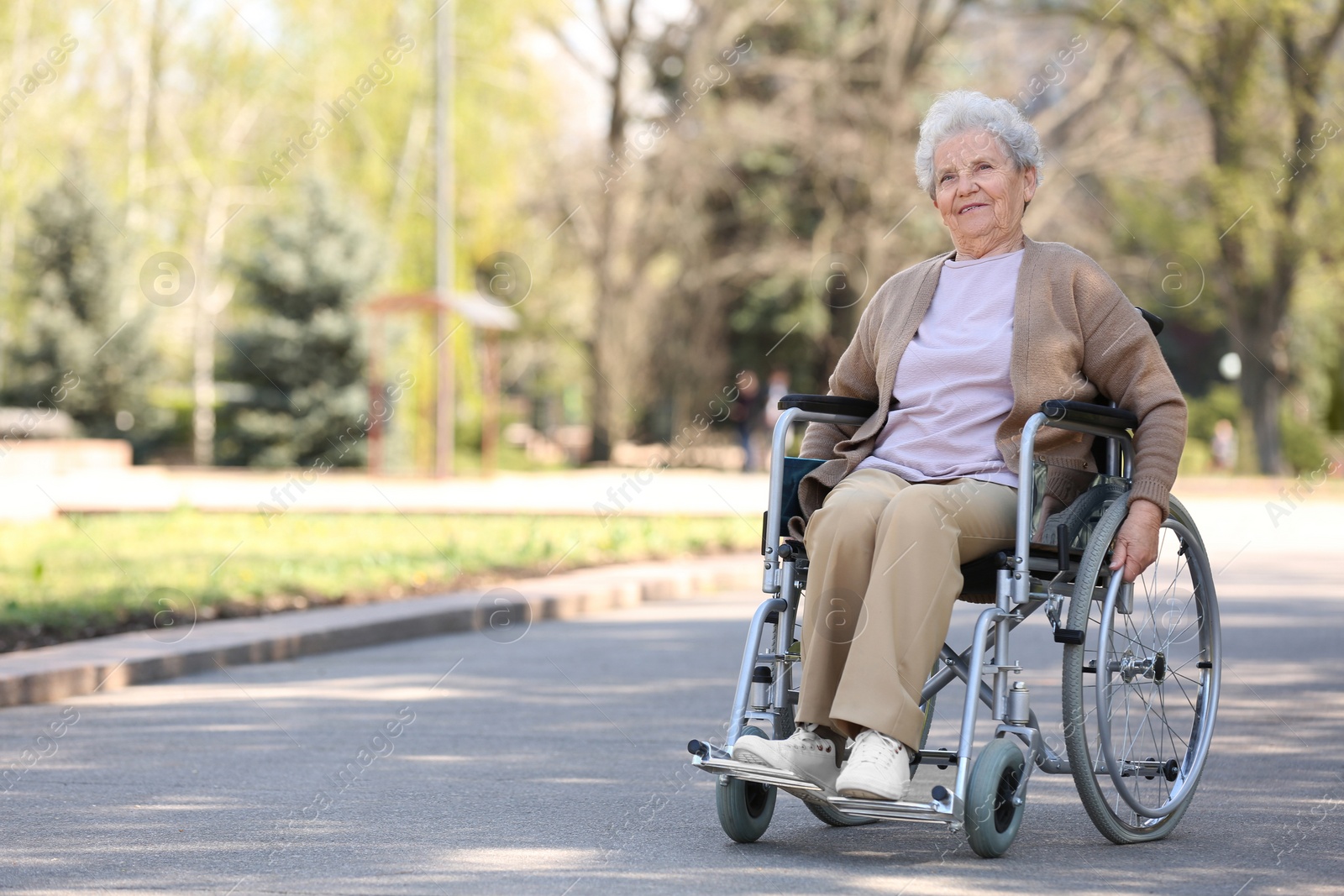 Photo of Senior woman in wheelchair at park on sunny day