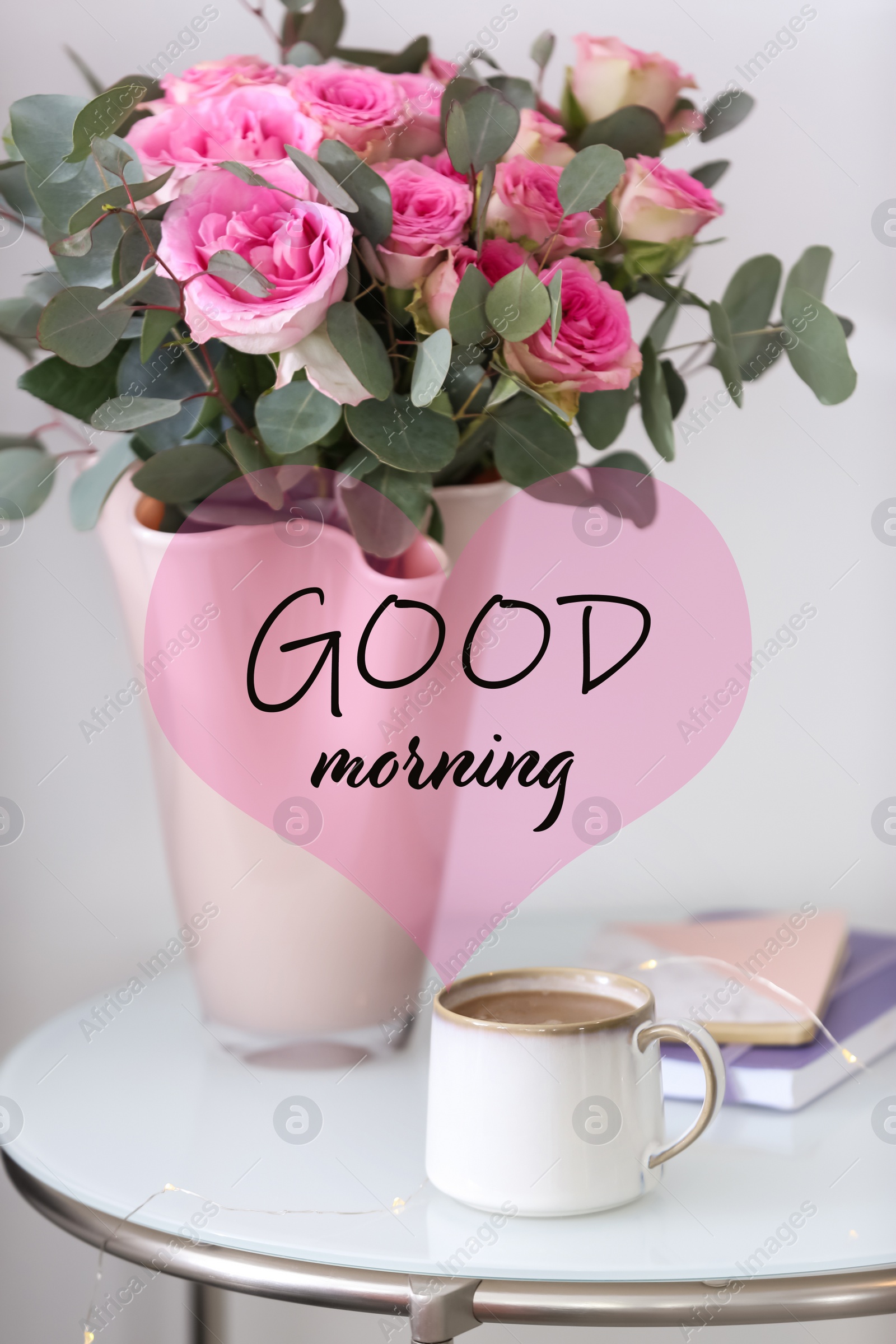 Image of Cup of coffee and beautiful flowers on table. Good morning 