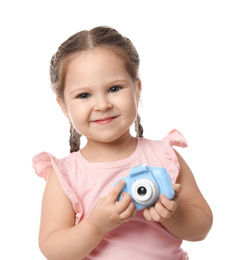 Little photographer with toy camera on white background