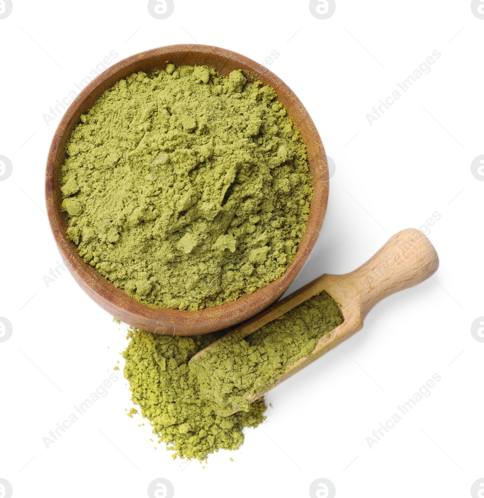 Photo of Henna powder in bowl and scoop isolated on white, top view