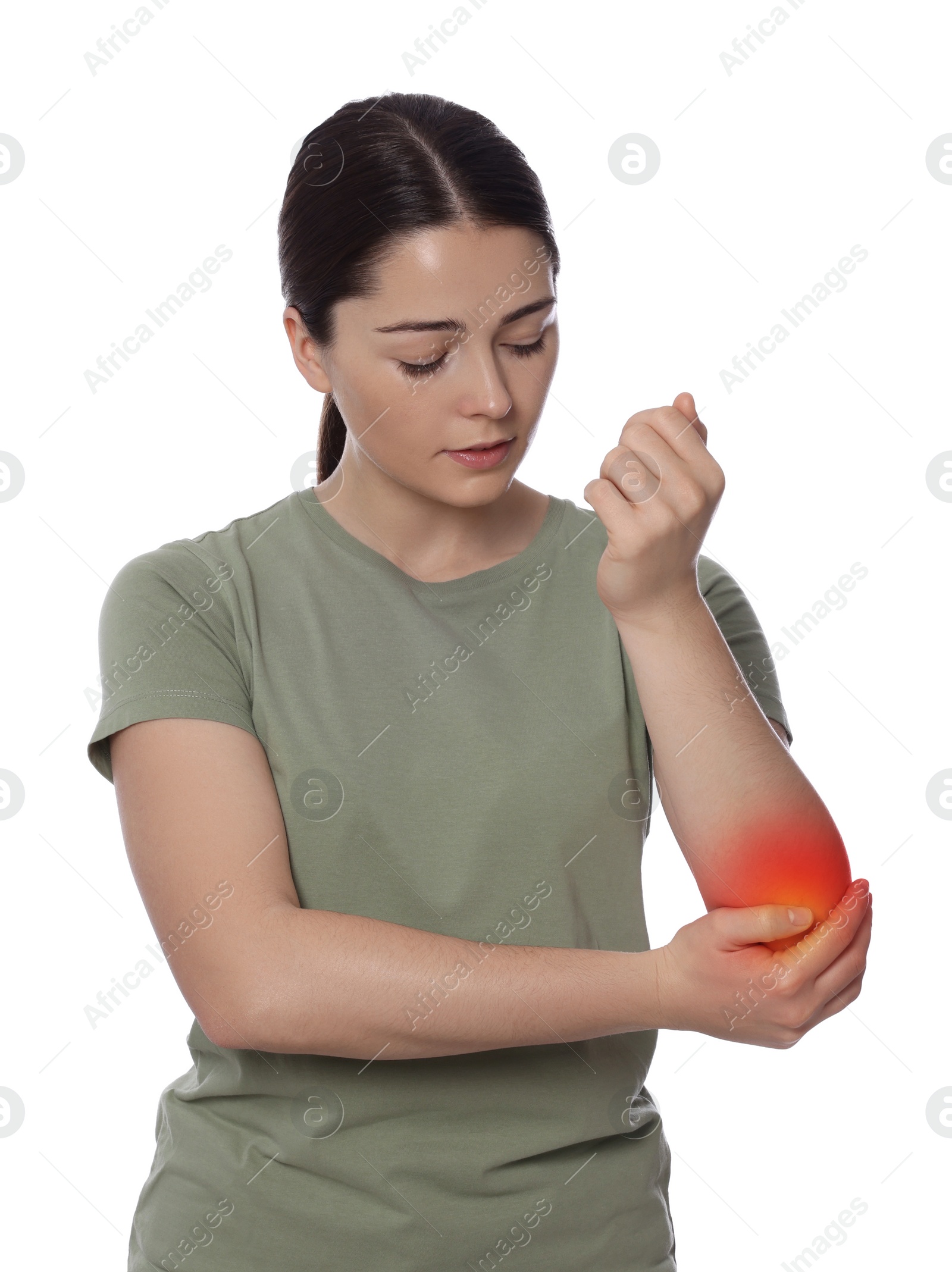 Image of Arthritis symptoms. Woman suffering from pain in elbow on white background