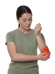 Arthritis symptoms. Woman suffering from pain in elbow on white background