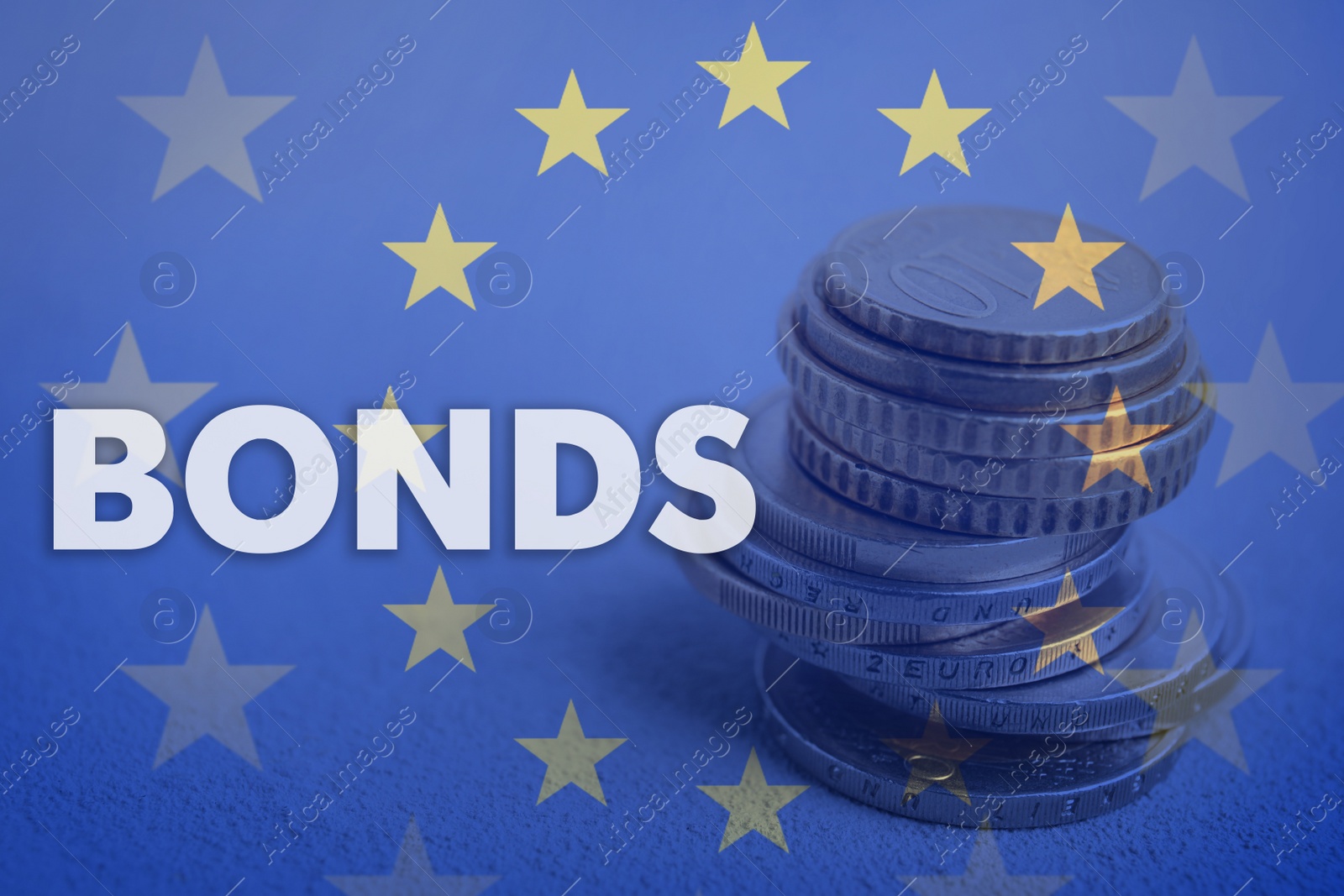 Image of Double exposure of European Union flag and coins, closeup view. Bonds concept
