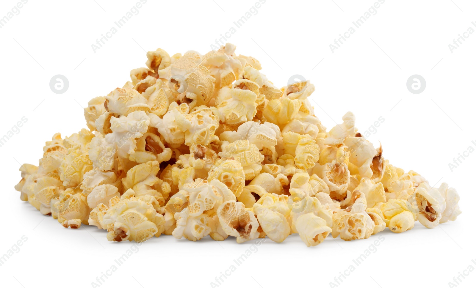 Photo of Pile of tasty fresh popcorn isolated on white