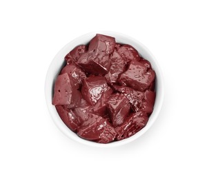 Cut raw beef liver in bowl isolated on white, top view