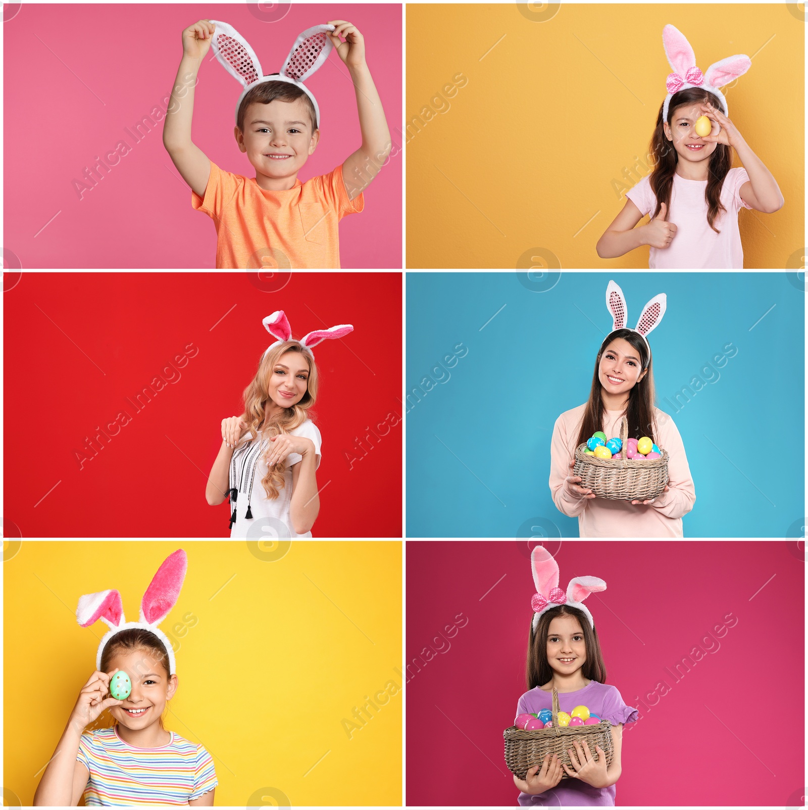 Image of Collage photos of people wearing bunny ears headbands on different color backgrounds. Happy Easter