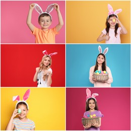 Image of Collage photos of people wearing bunny ears headbands on different color backgrounds. Happy Easter