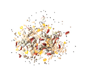 Mix of vegetable seeds on white background, top view