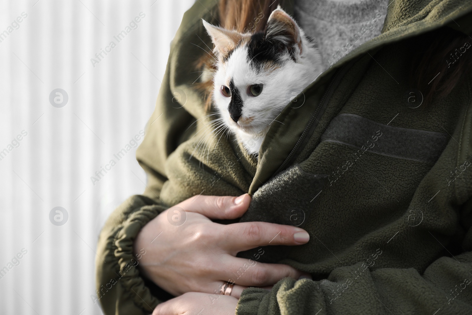 Photo of Soldier in uniform warming little stray cat on blurred background, closeup