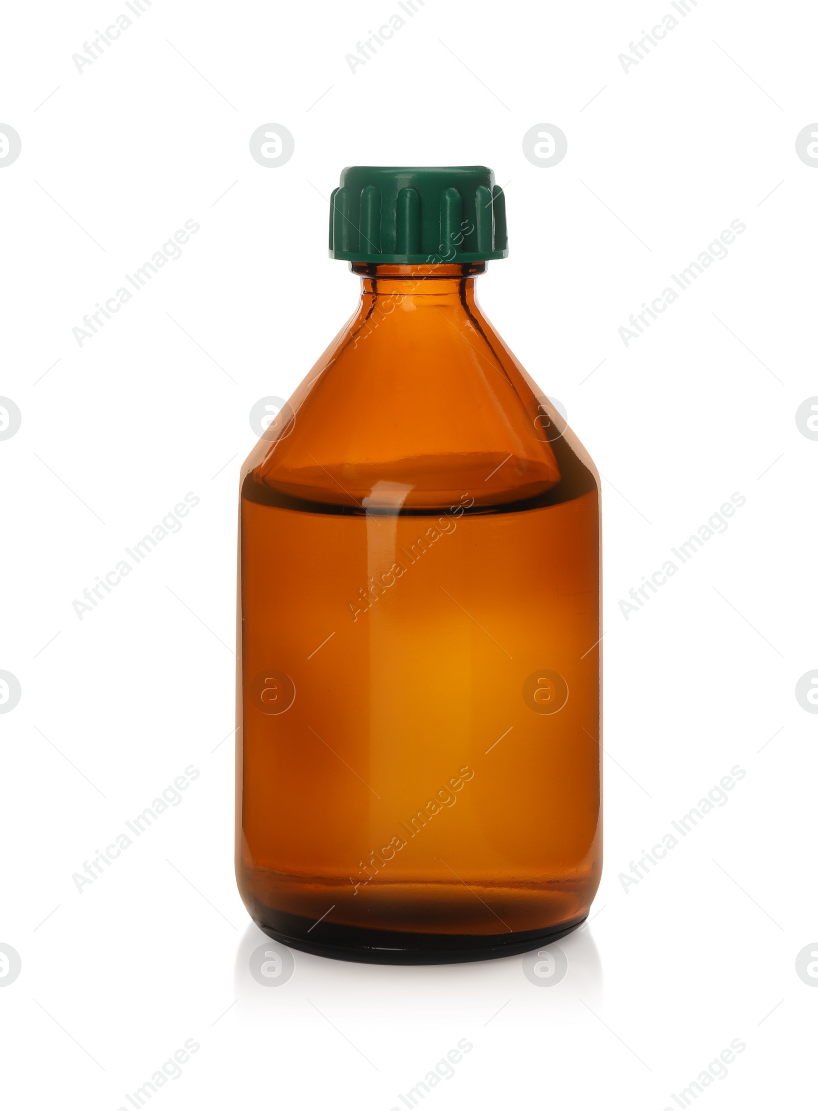 Photo of Glass bottle of medical alcohol isolated on white. First aid item
