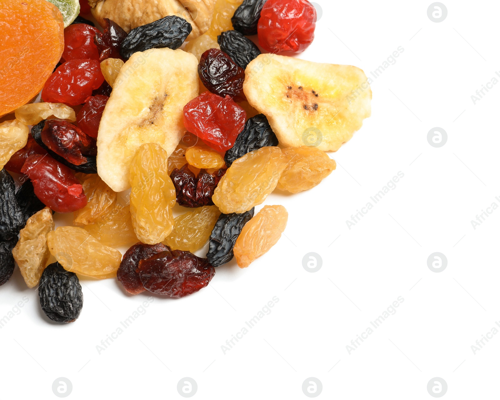 Photo of Different dried fruits on white background, top view. Healthy lifestyle