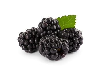 Photo of Tasty ripe blackberries and leaf on white background