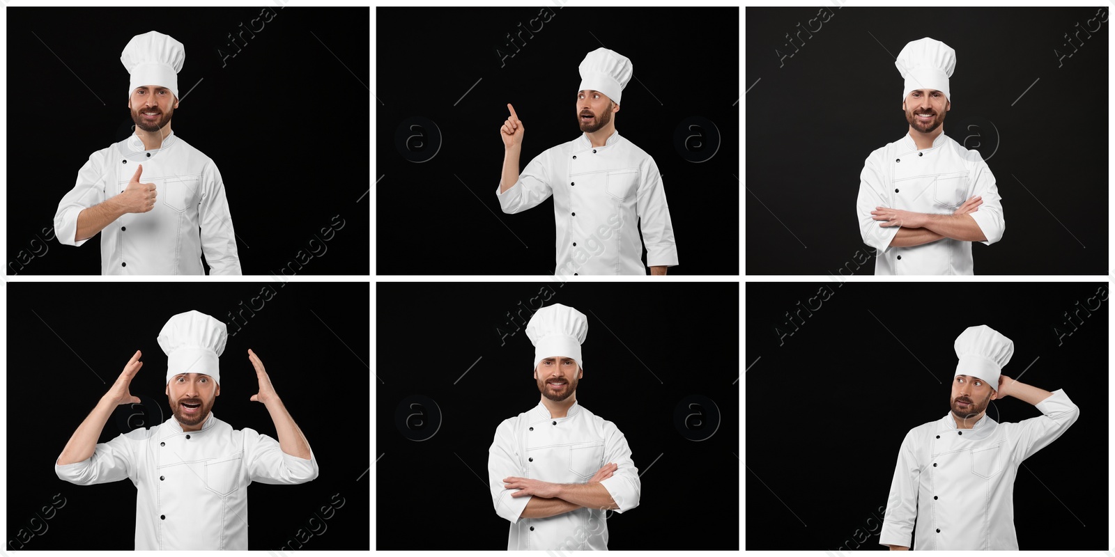 Image of Chef in uniform on black background, collage design