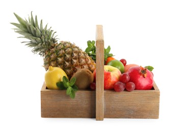 Fresh ripe fruits in wooden crate on white background