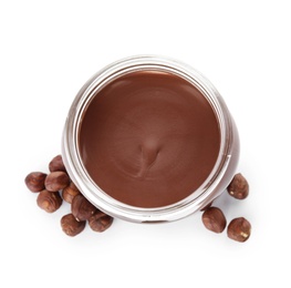 Photo of Glass jar with tasty chocolate cream and hazelnuts isolated on white, top view