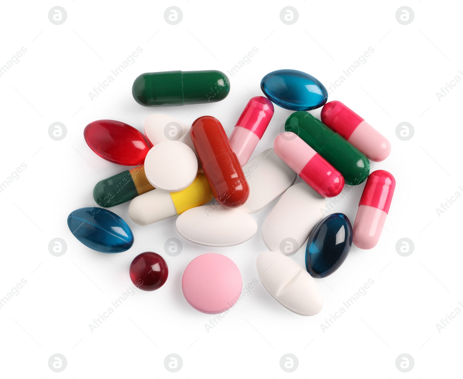 Photo of Many different pills isolated on white, top view