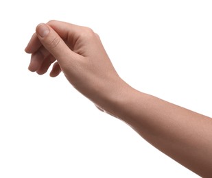 Man holding something in hand on white background, closeup