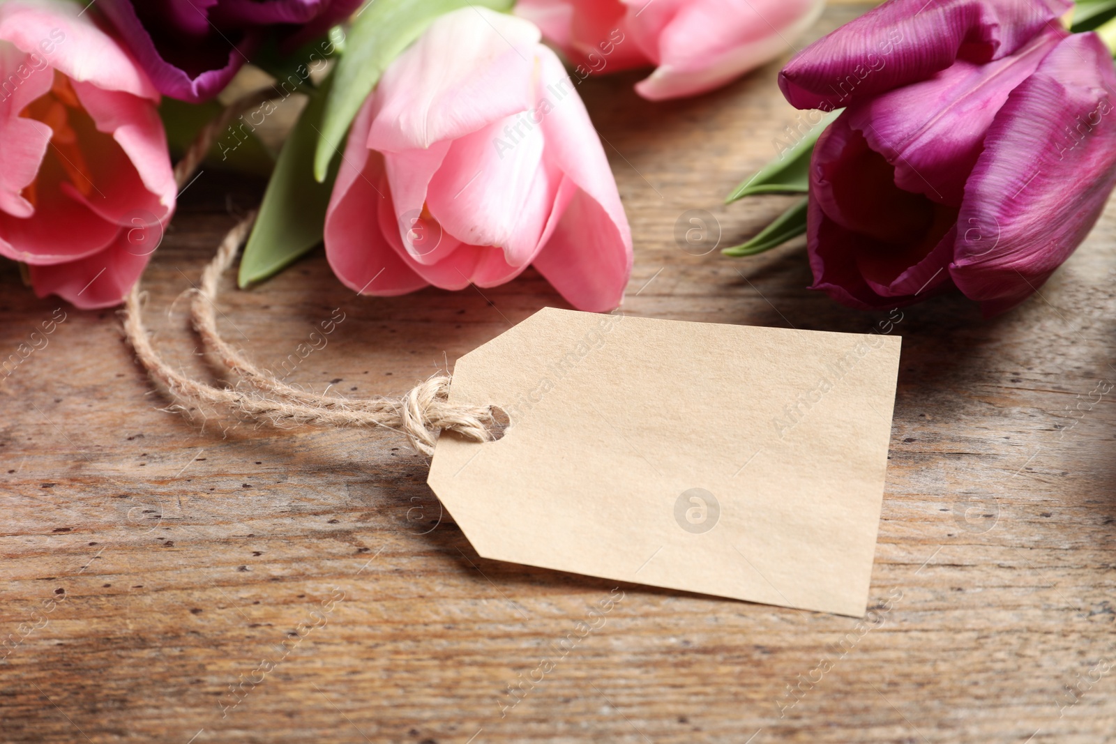 Photo of Beautiful spring tulips and blank label on wooden background, space for text. International Women's Day