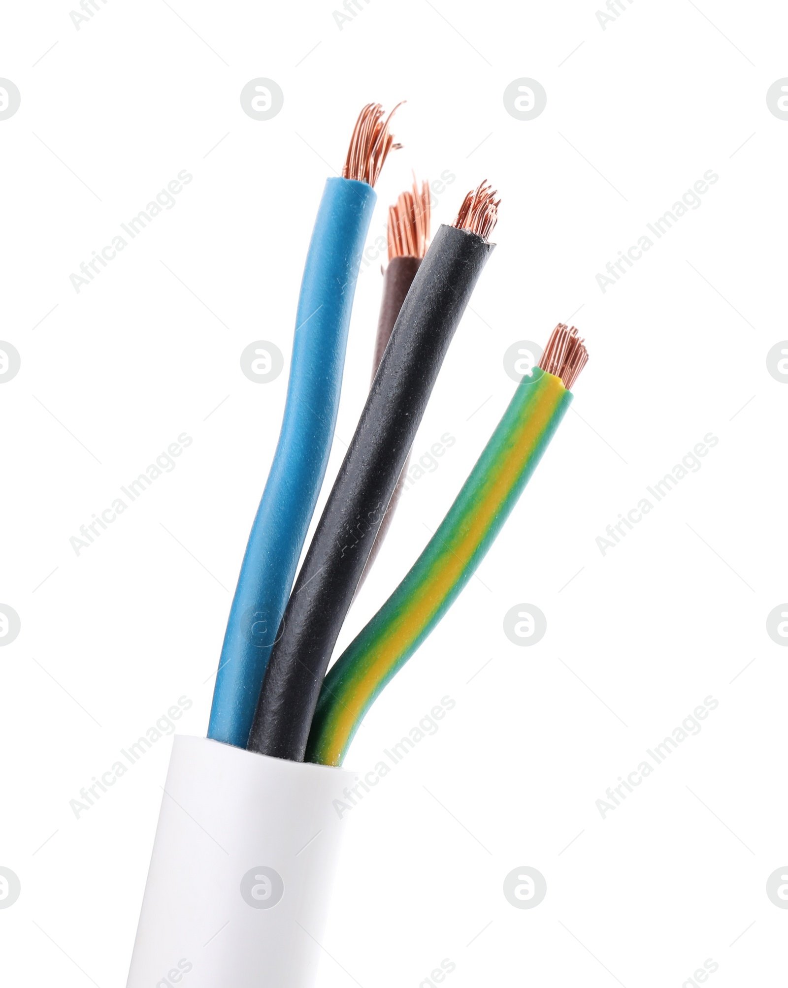 Photo of Colorful cables in jacket on white background, closeup. Electrician's supply