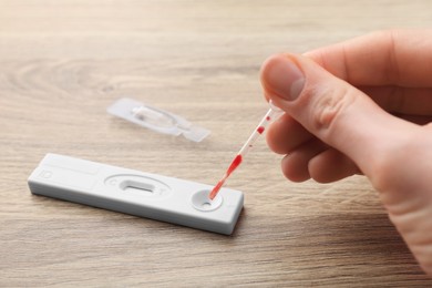 Photo of Woman dropping blood sample onto disposable express test cassette with pipette at wooden table, closeup