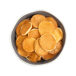 Photo of Delicious mini pancakes cereal on white background, top view