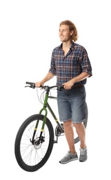 Photo of Young man with bicycle on white background