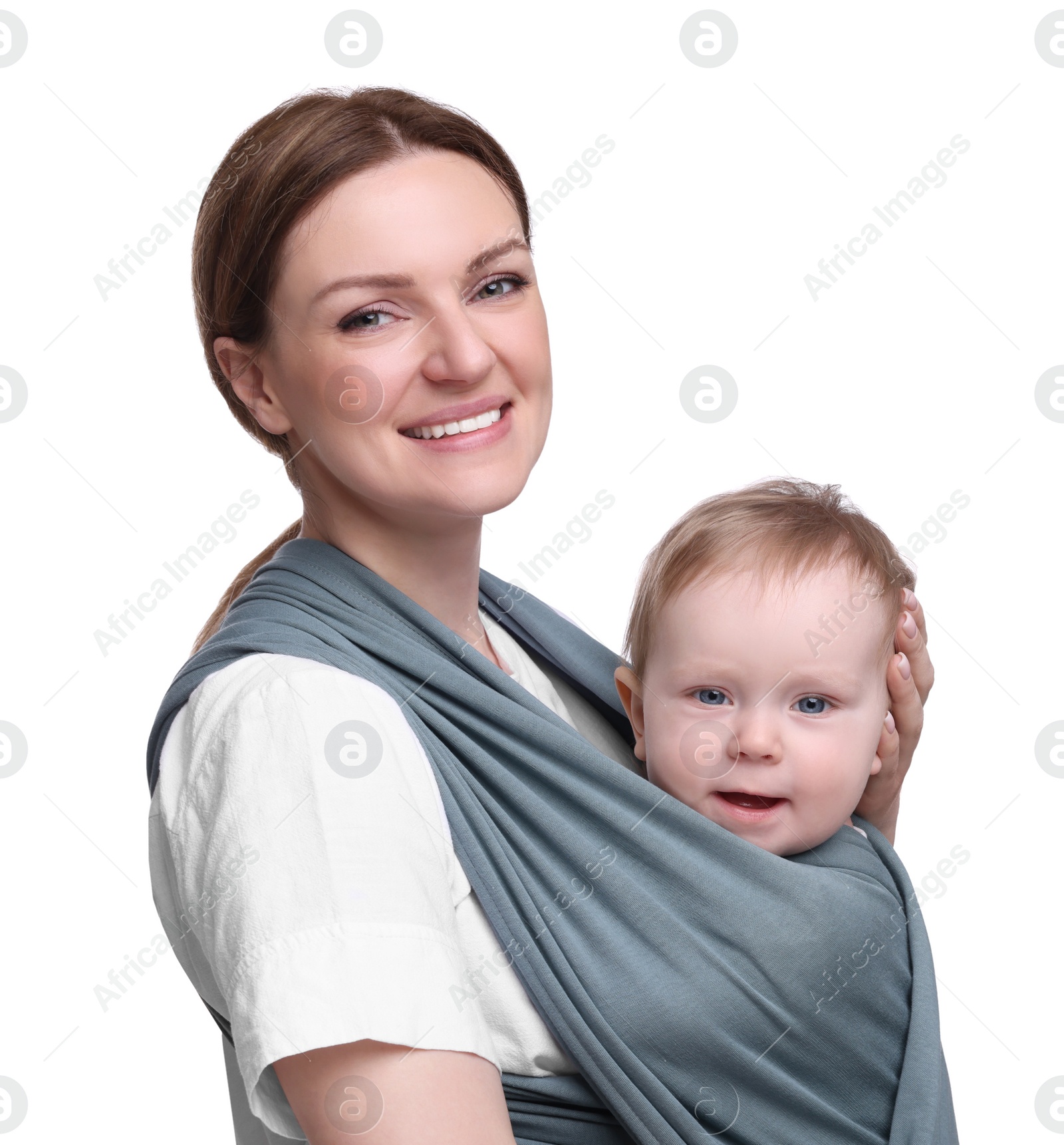 Photo of Mother holding her child in baby wrap on white background