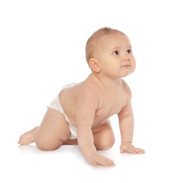 Cute little baby crawling on white background