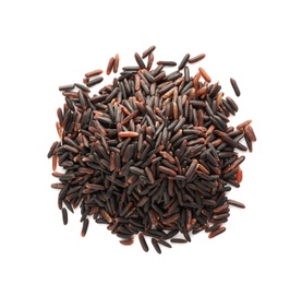 Pile of brown rice on white background, top view