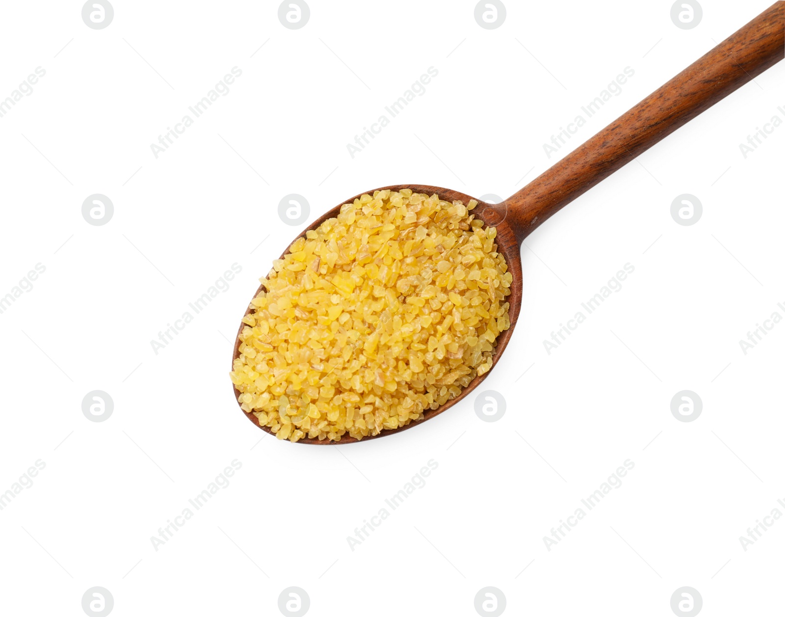 Photo of Spoon with raw bulgur isolated on white, top view