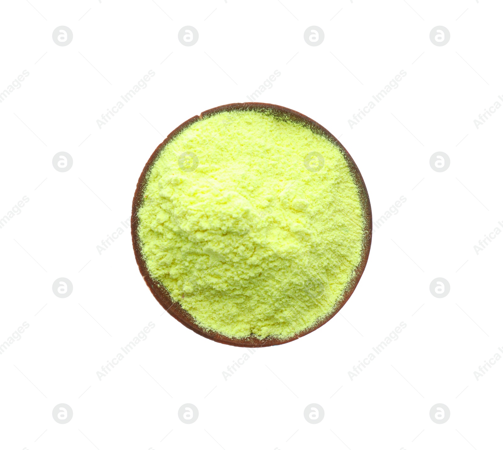 Photo of Light green powder in bowl isolated on white, top view. Holi festival celebration