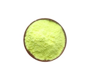 Light green powder in bowl isolated on white, top view. Holi festival celebration