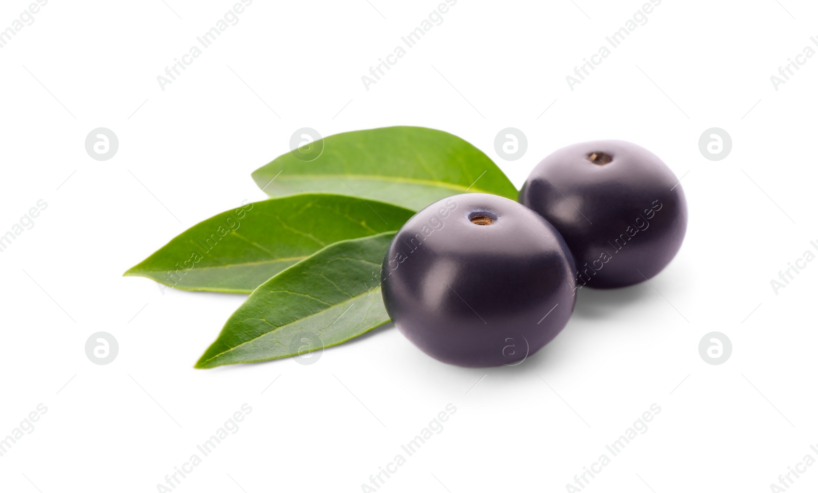 Photo of Fresh acai berries with leaves isolated on white