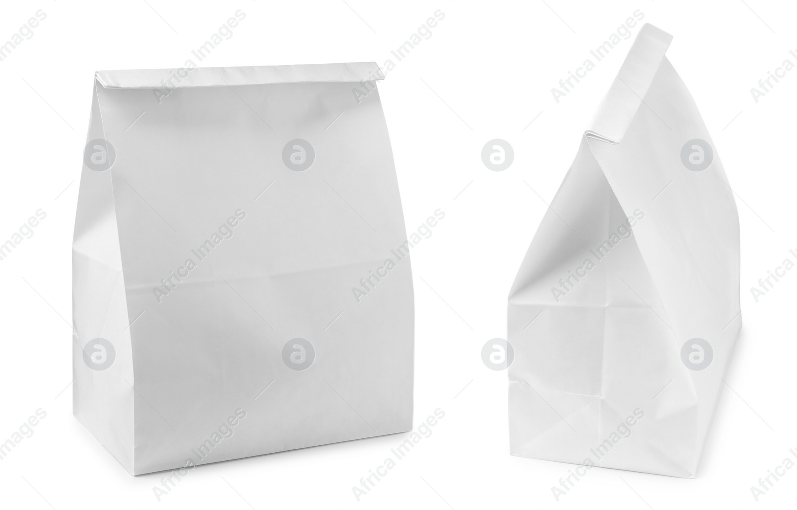 Image of Closed paper bags on white background, collage