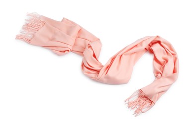 One beautiful cashmere scarf on white background, top view