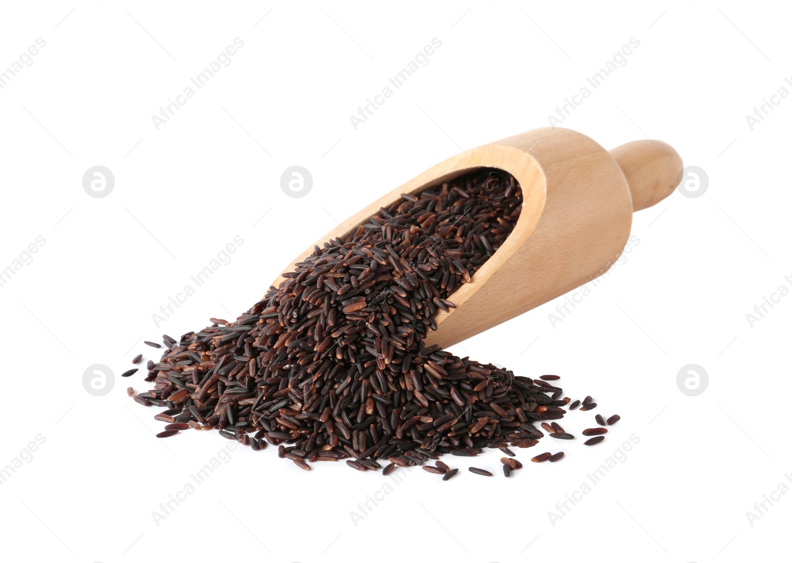 Photo of Scoop and uncooked black rice on white background