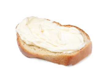 Photo of Slice of bread with tasty cream cheese isolated on white