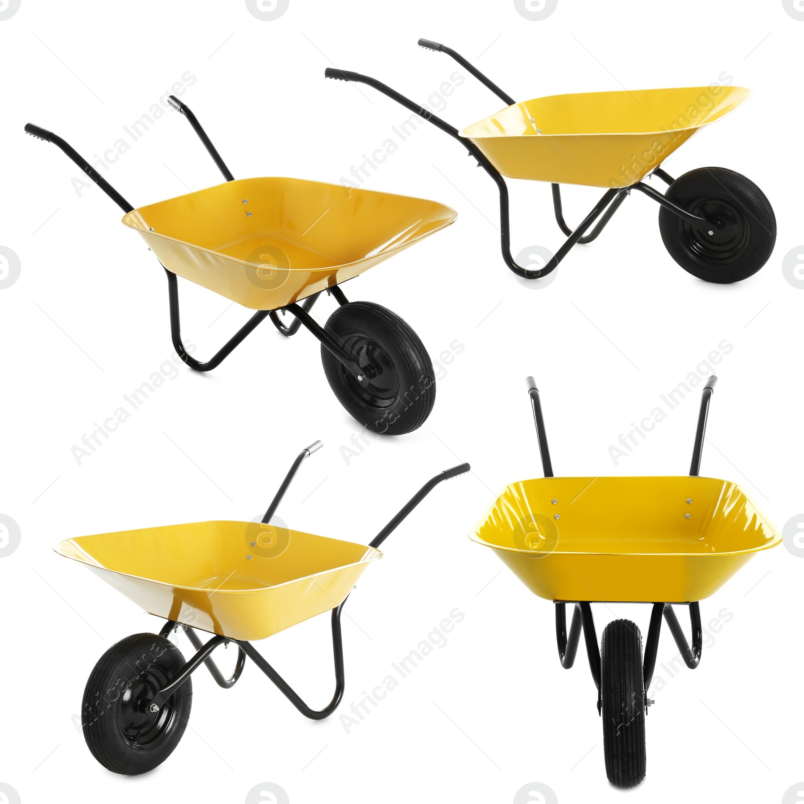 Image of Set of new yellow wheelbarrows on white background. Gardening tool