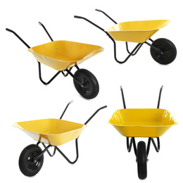 Set of new yellow wheelbarrows on white background. Gardening tool