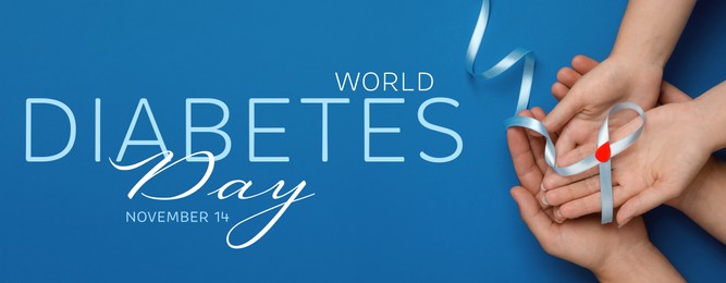 Image of World Diabetes Day. People holding light blue ribbon with paper blood drop on color background, top view. Banner design