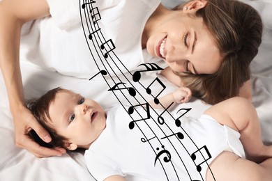 Image of Mother singing lullaby to her sleepy baby on bed. Illustration of flying music notes around child