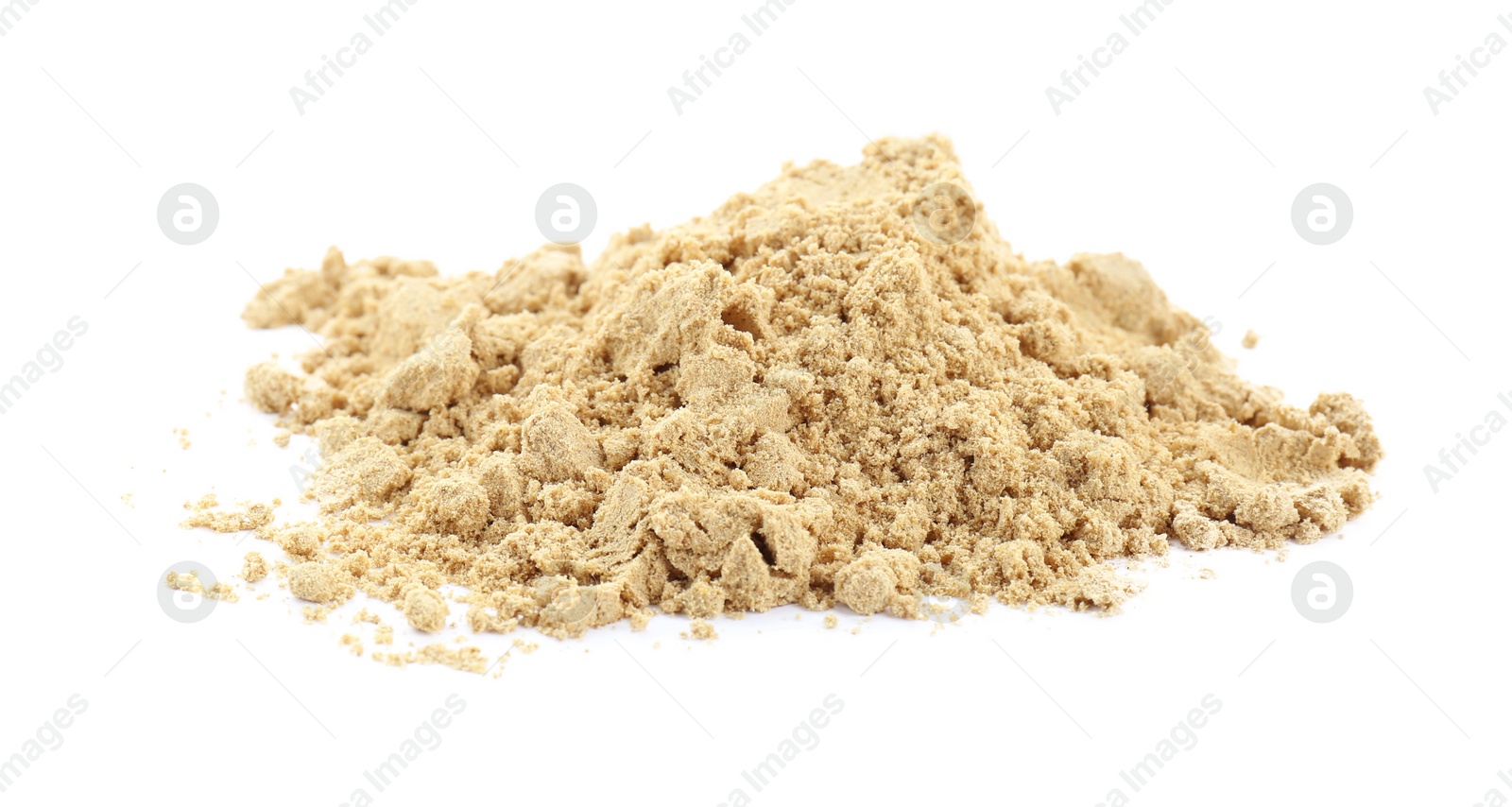 Photo of Heap of aromatic mustard powder on white background