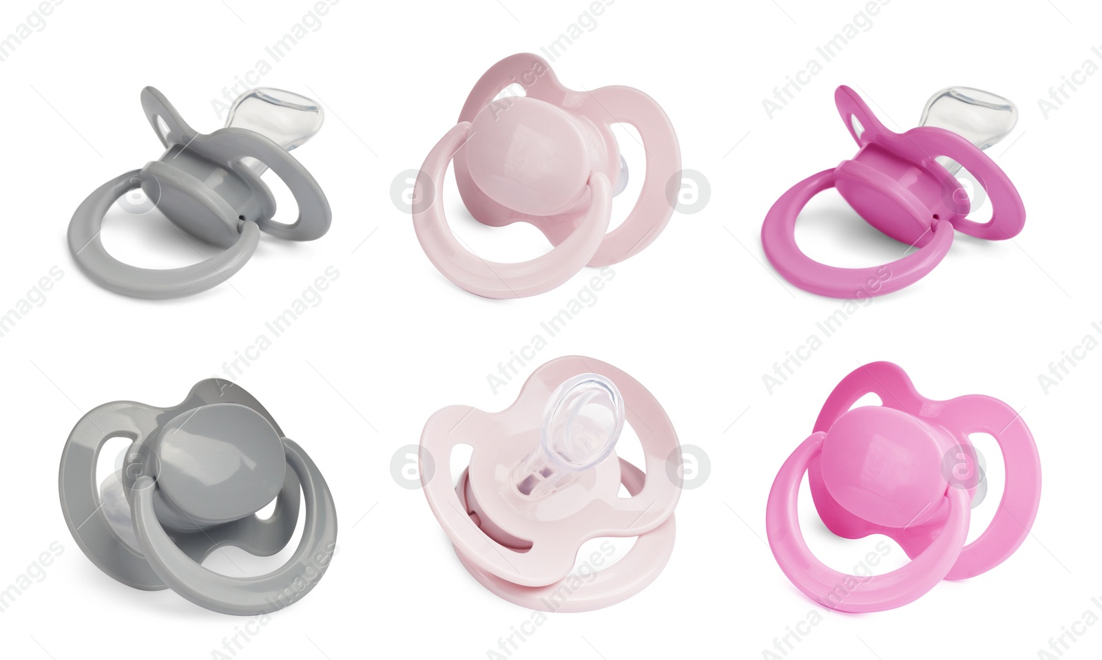 Image of Collage of baby pacifiers in different colors on white background