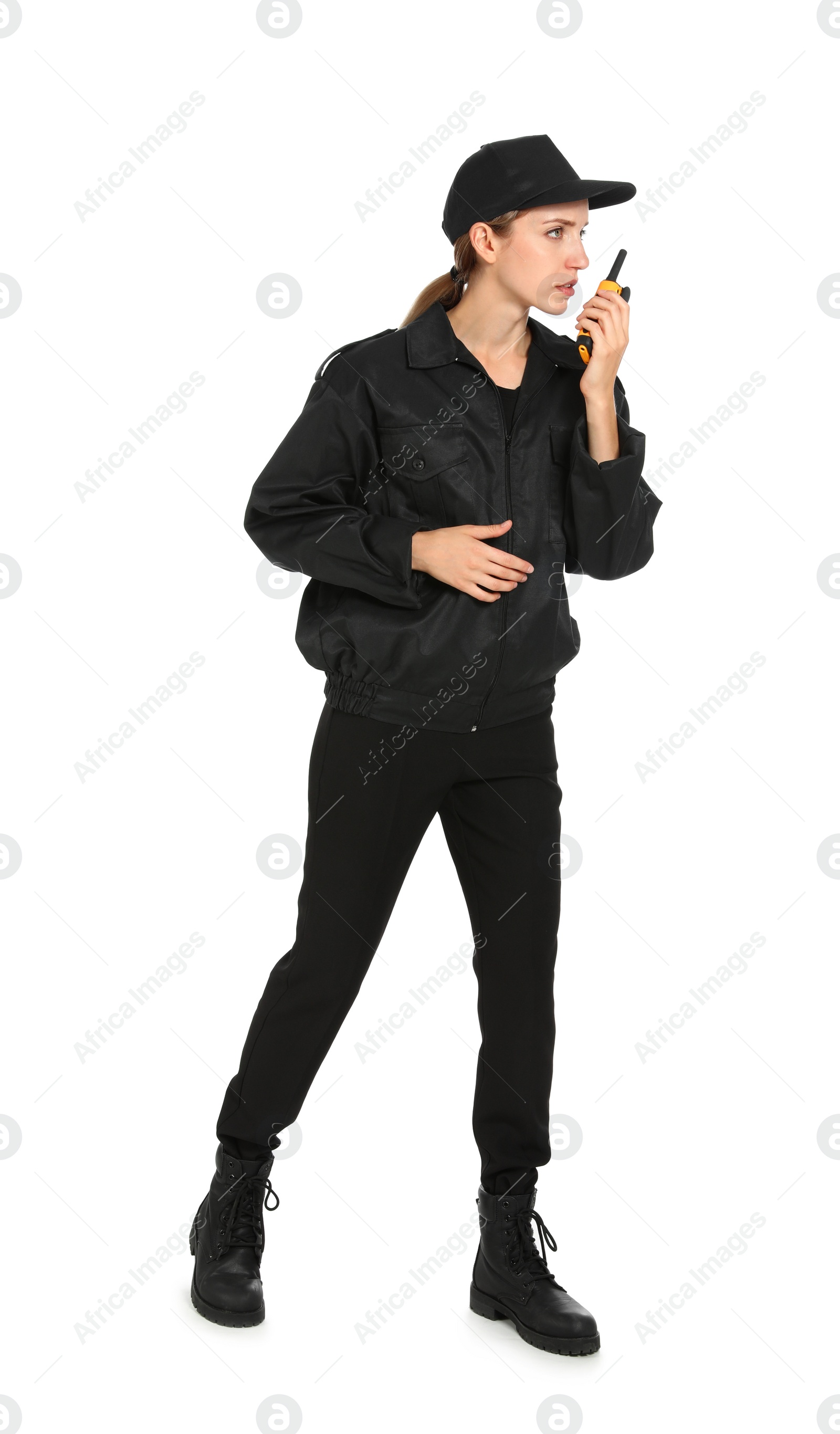 Photo of Female security guard in uniform using portable radio transmitter on white background