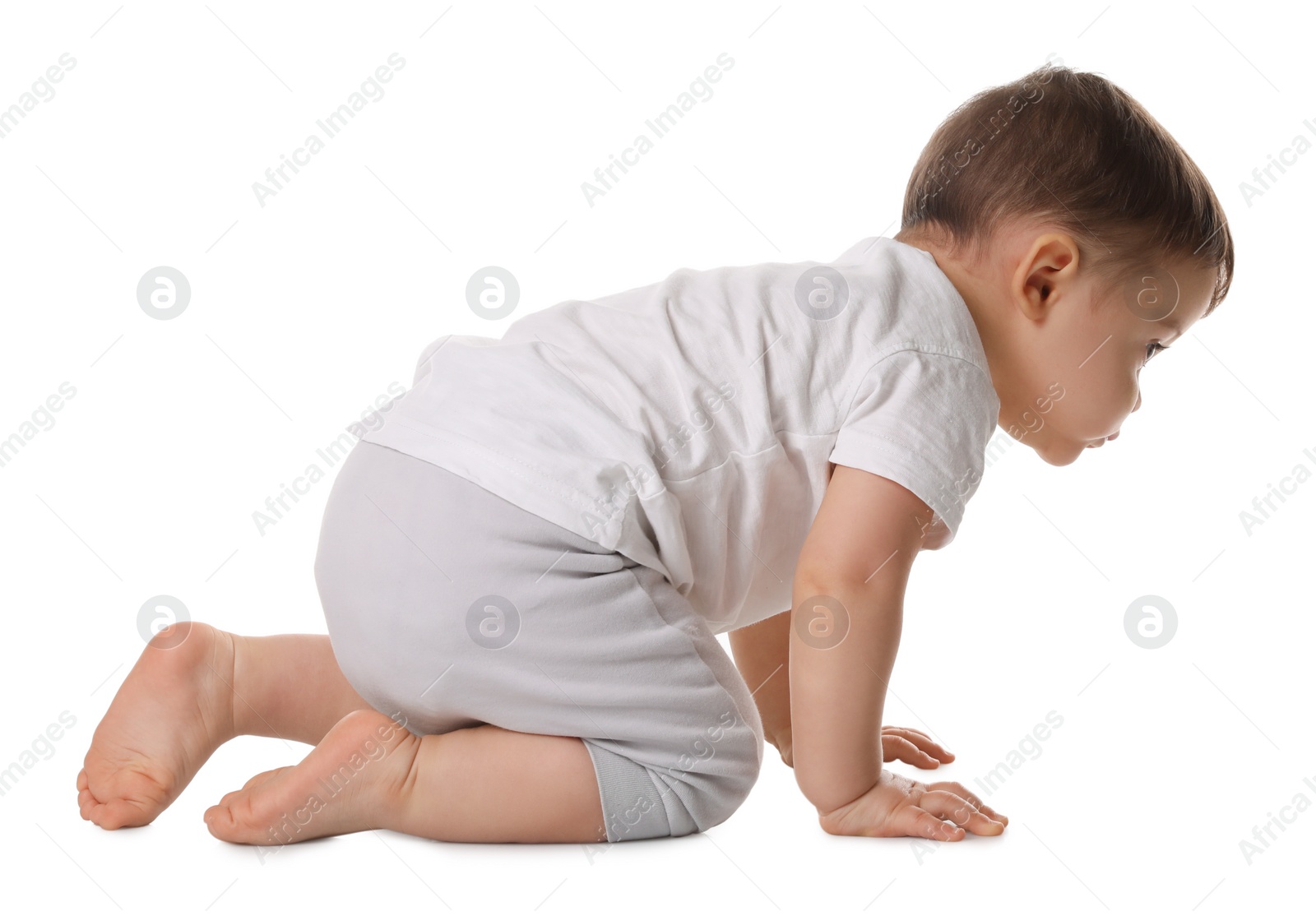 Photo of Cute little baby crawling on white background